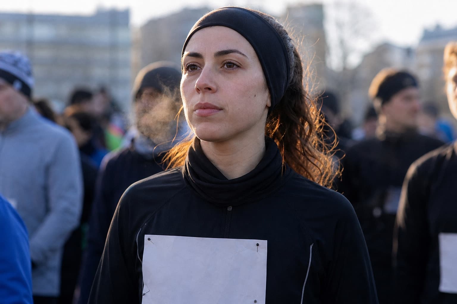 Focused runner waiting at the start line on a cool race morning.