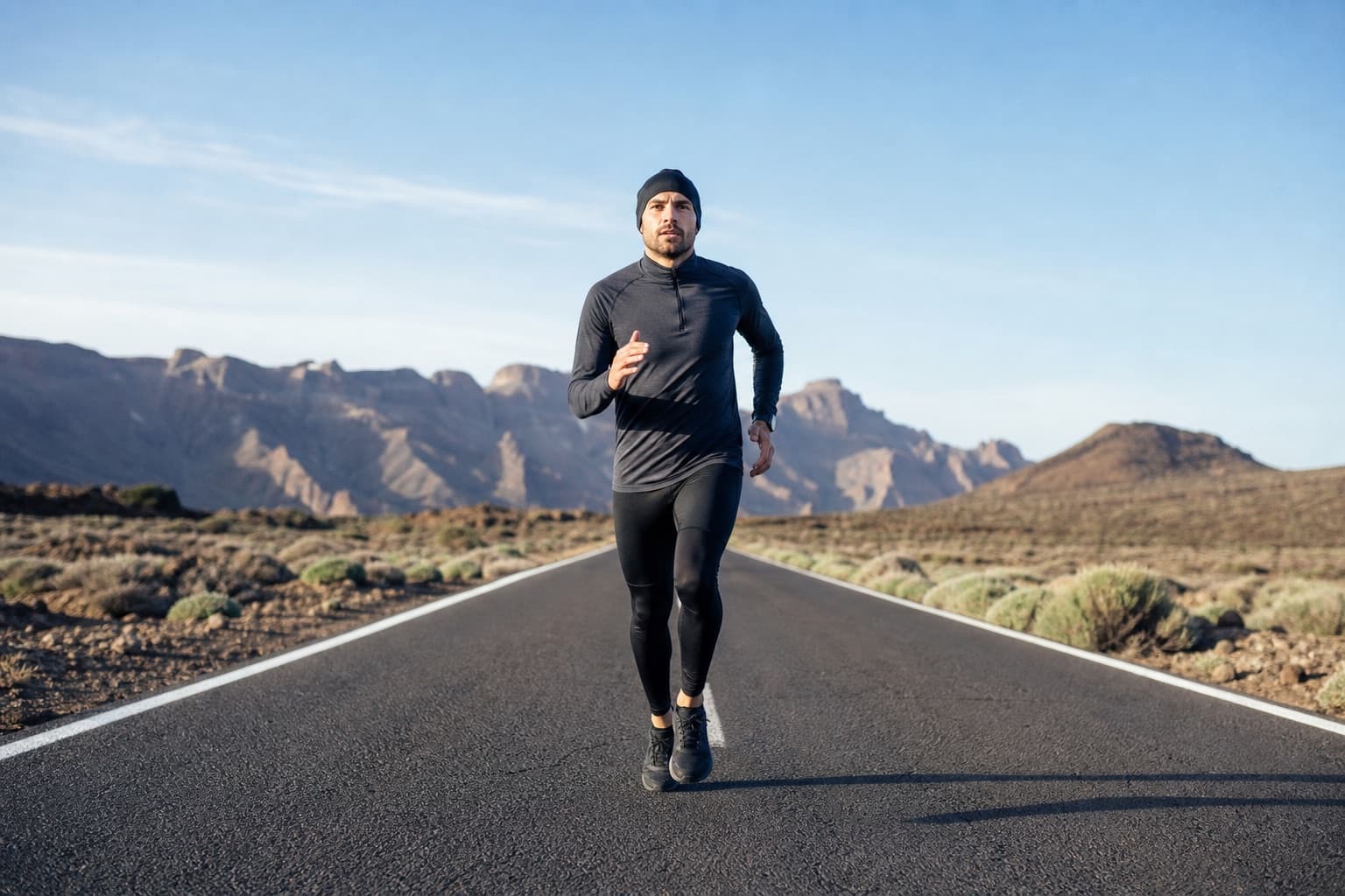 Runner striding along an open road that stretches toward the horizon.