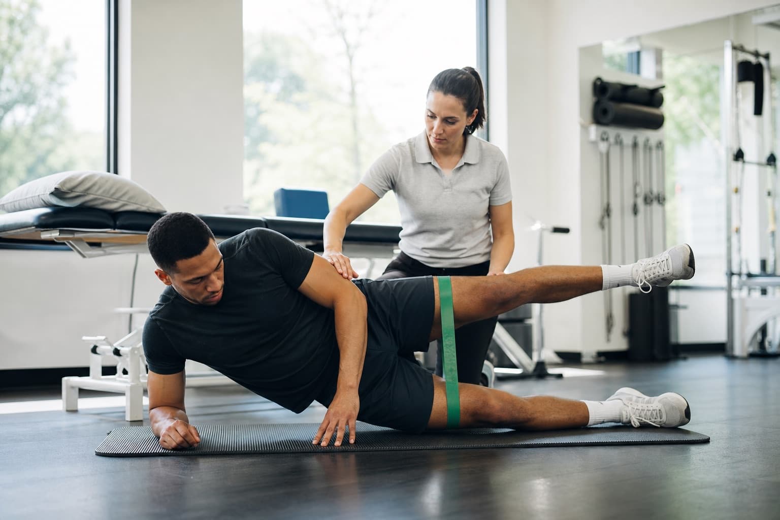 Runner doing a guided hip strength exercise in a physiotherapy studio.
