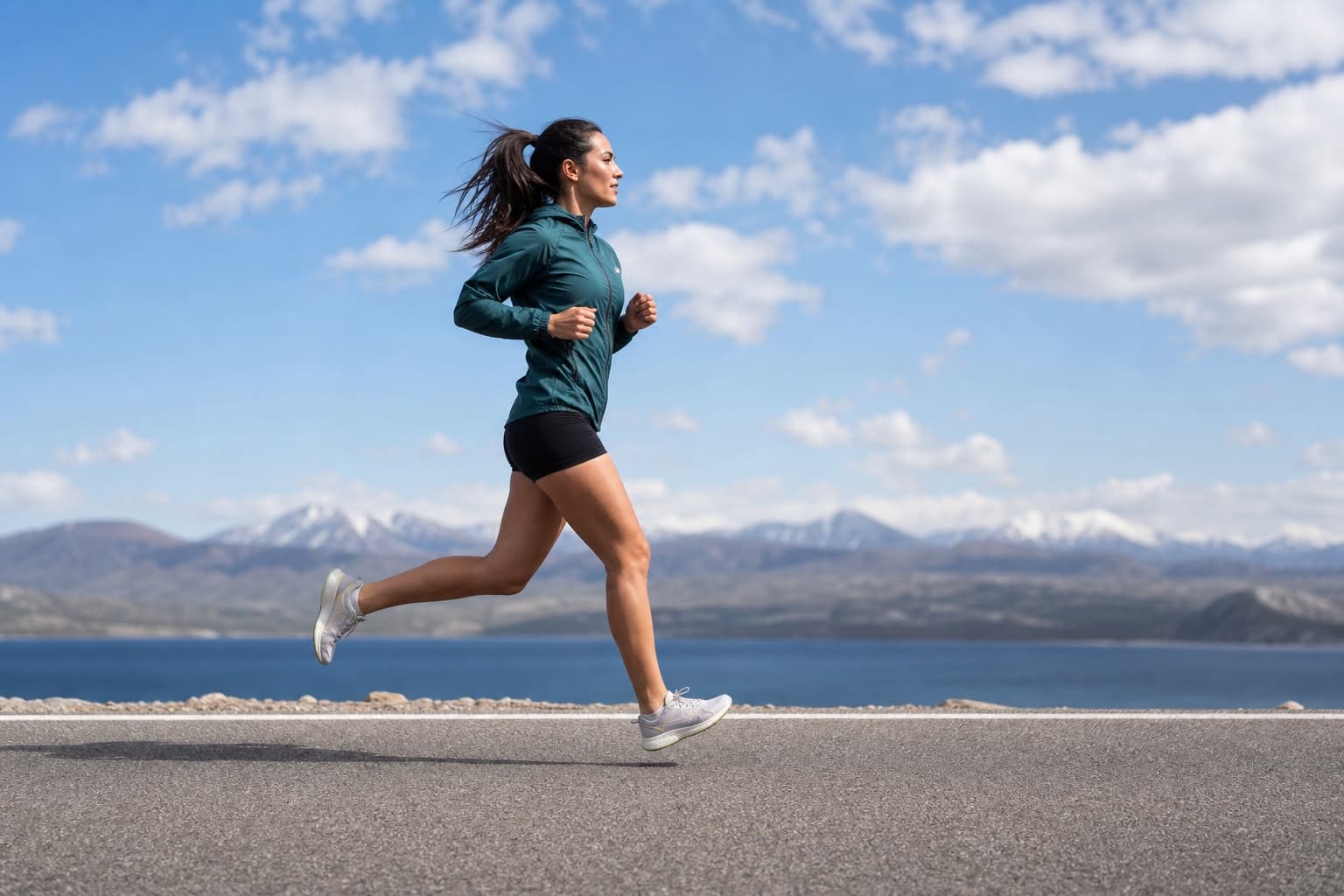Runner mid-stride on an open road showing a quick, light foot strike.