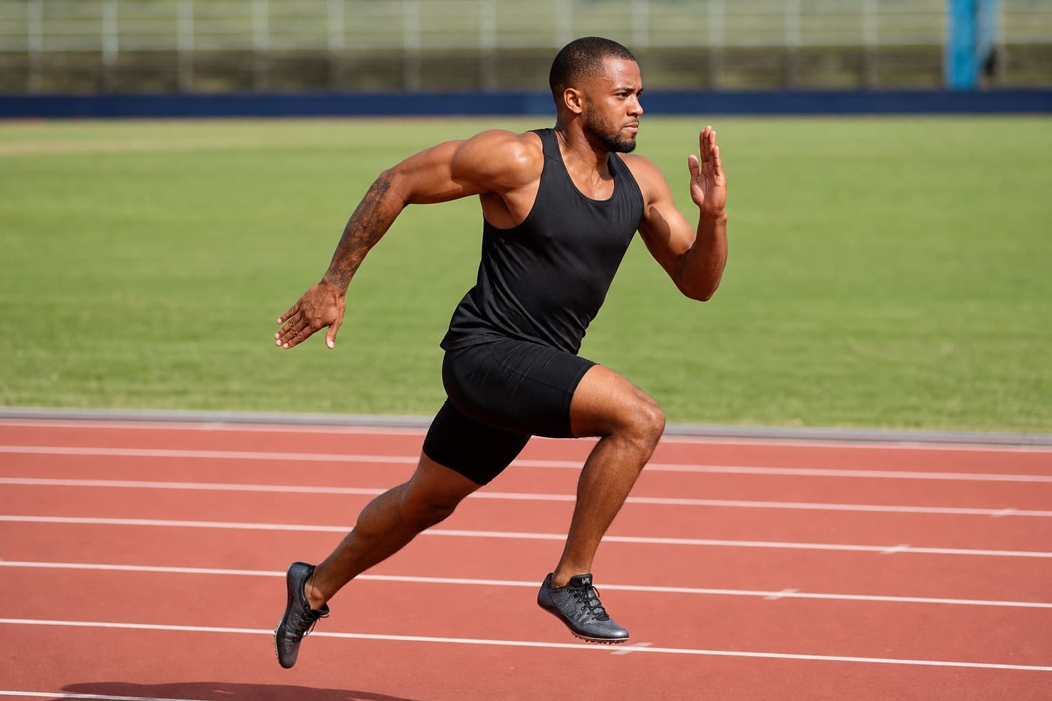 Runner accelerating through a fast, relaxed stride on a track.