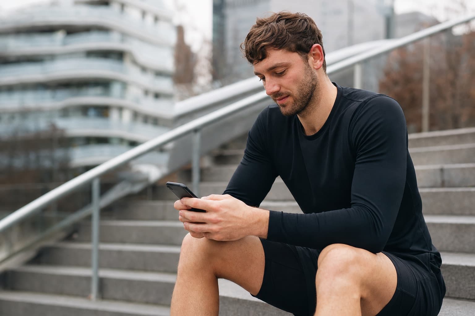 Runner sitting and reviewing recent training on a phone after a session.