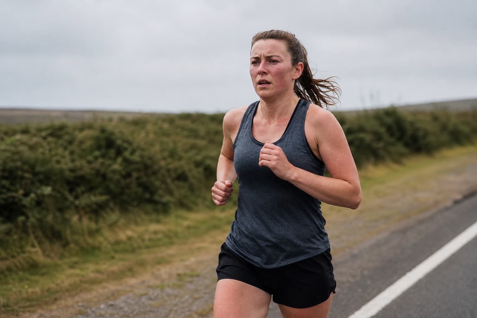 Runner grinding at a medium-hard effort on a plain road, neither easy nor fast.