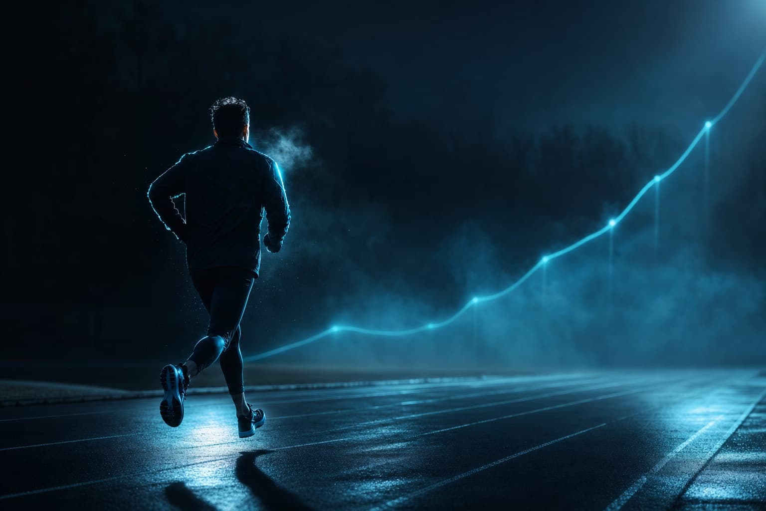 Lone distance runner training at dawn as a rising Projected Time curve glows ahead on the track.