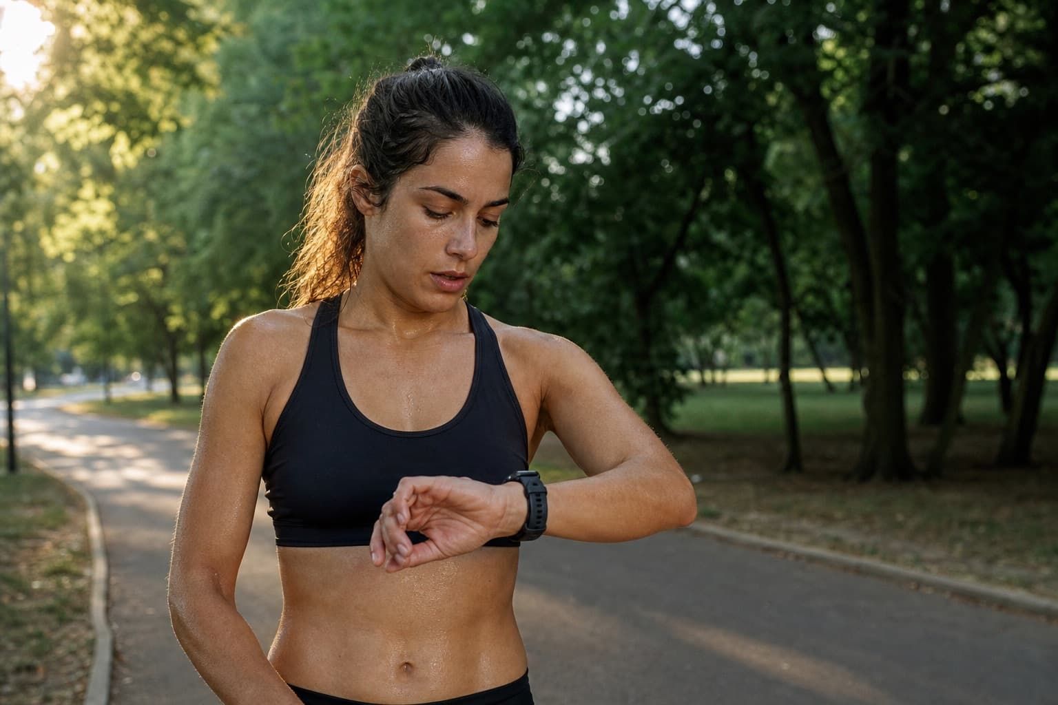 Runner pausing on a morning run to check her GPS watch and review her training data.