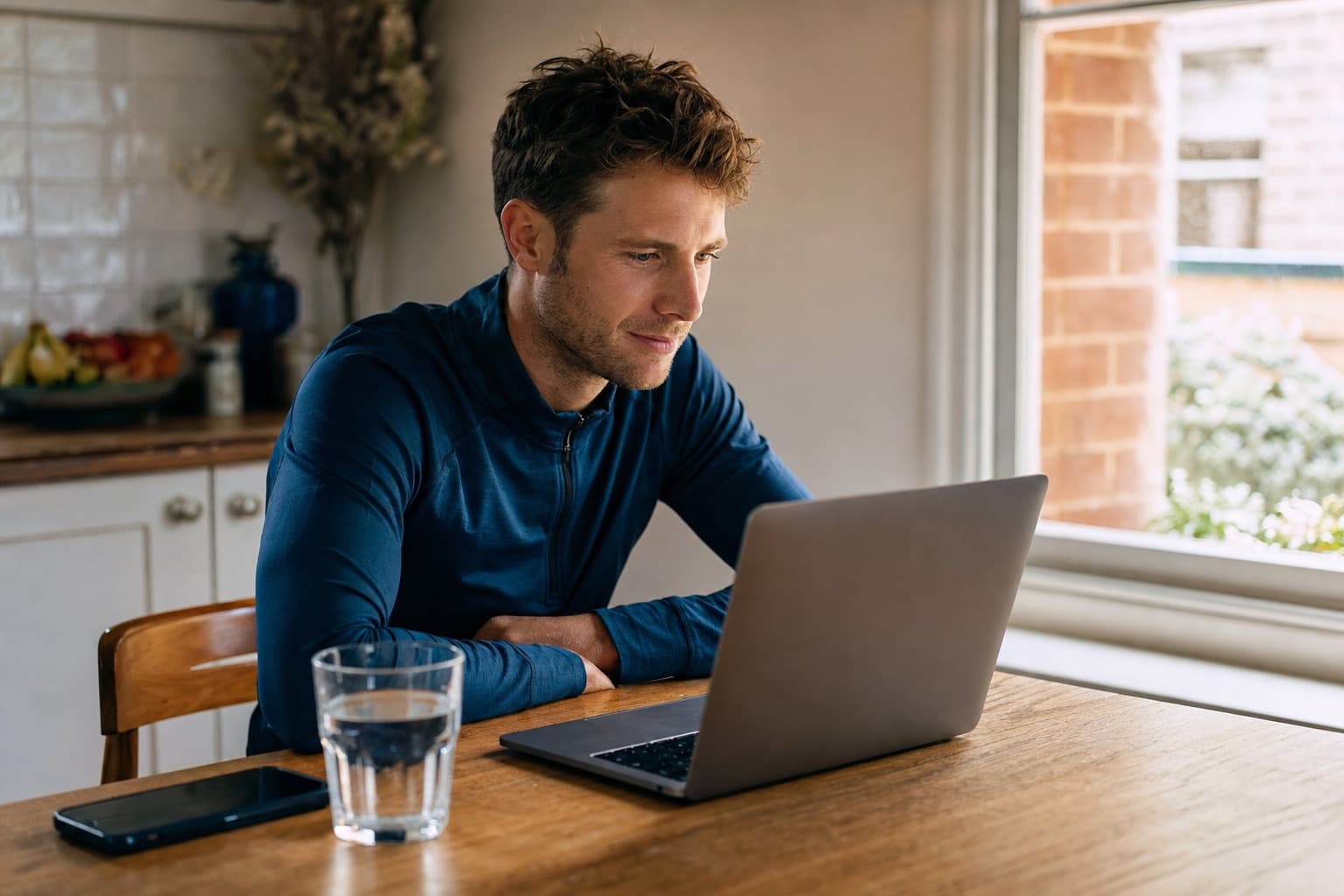 Runner in athletic wear reviewing training on a laptop at a kitchen table.