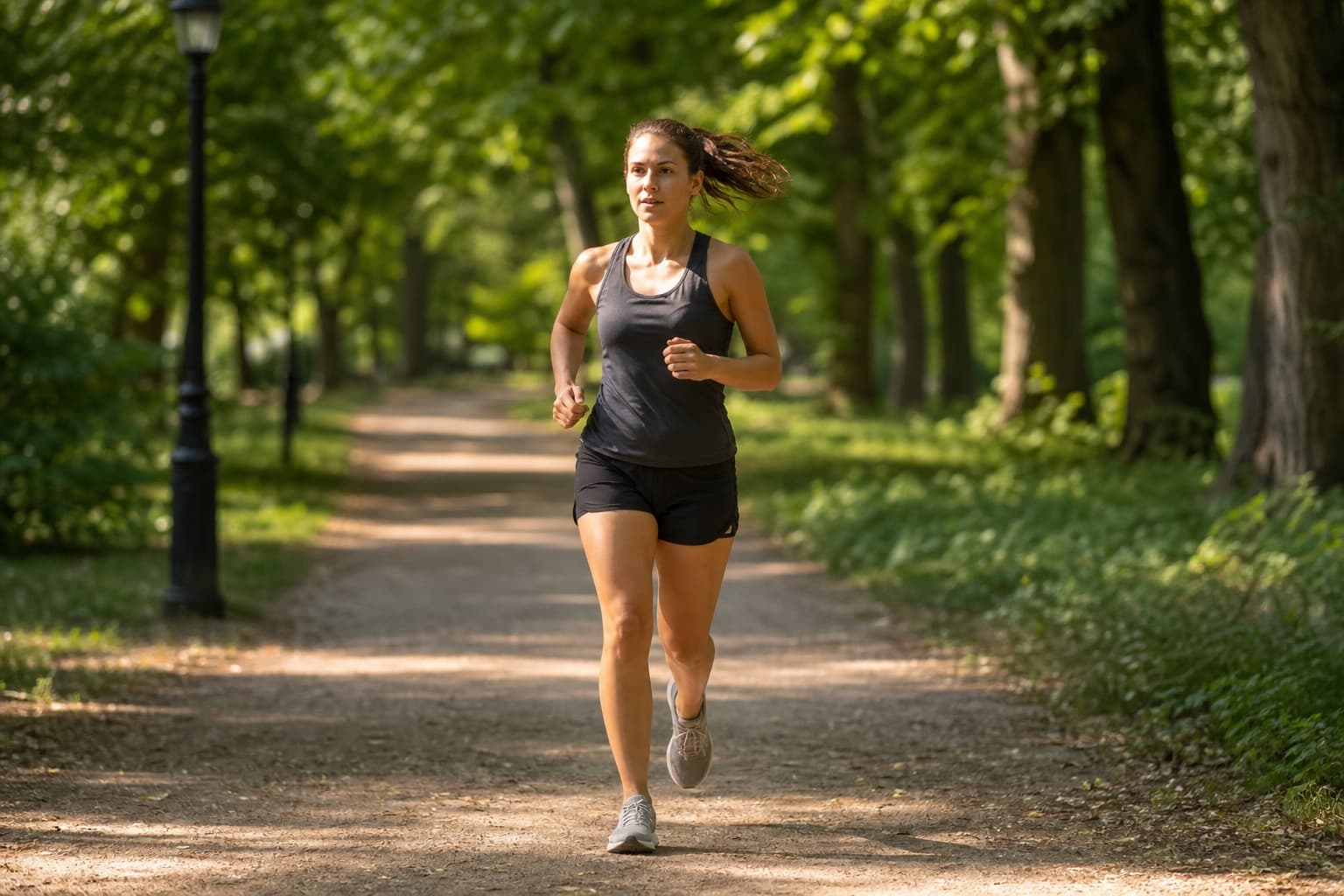 Runner on a relaxed, easy-paced aerobic base run through a green park.