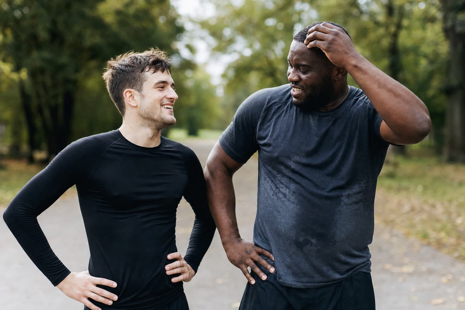 Two runners of different builds standing together on a path after a run.