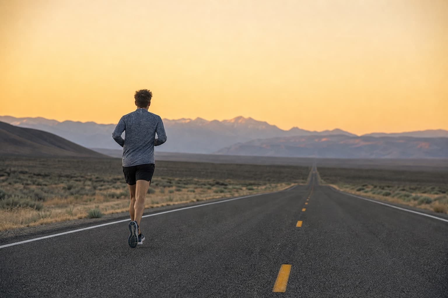 Runner on a long open road that stretches toward the horizon.