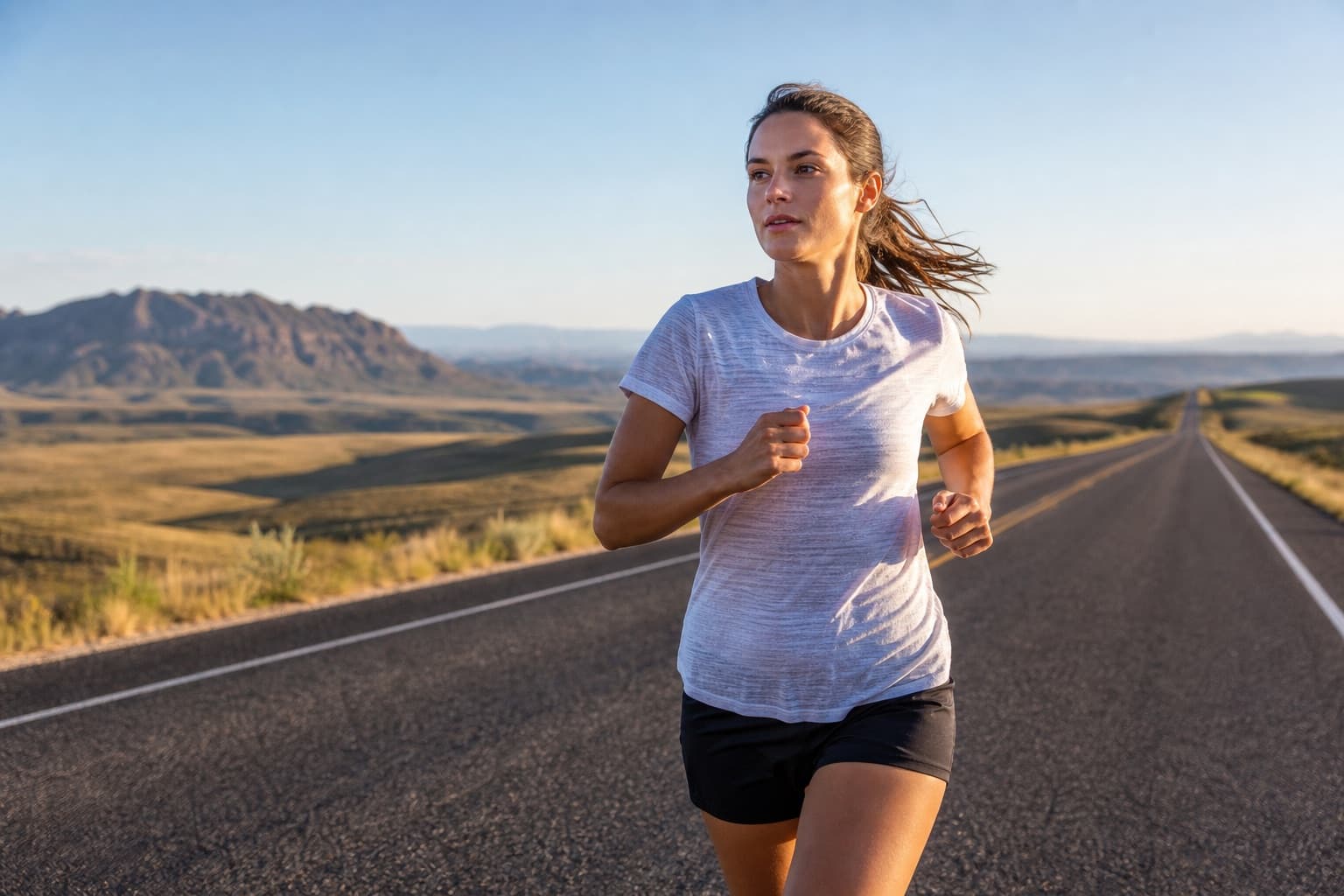 Runner on a long easy run along a scenic open road in soft morning light.