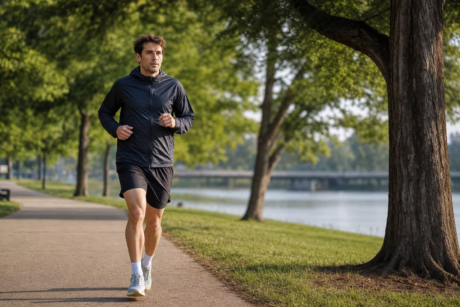 Runner on a light, easy shakeout jog during a taper week in a quiet park.