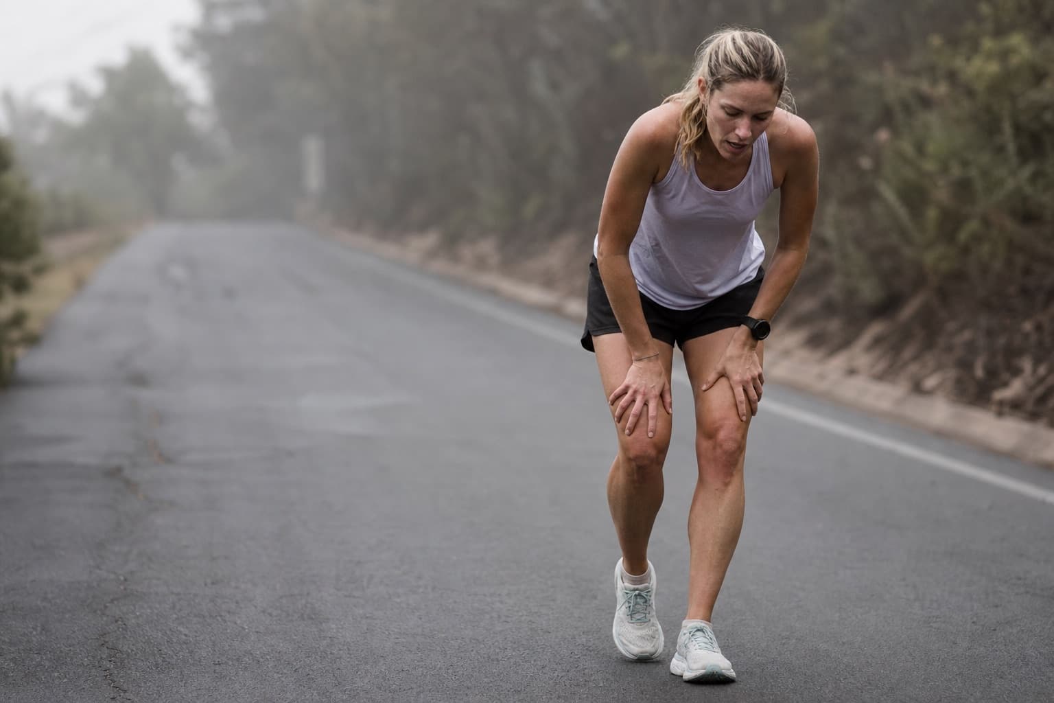 Runner working hard with heavy, tired legs deep in a demanding training block.