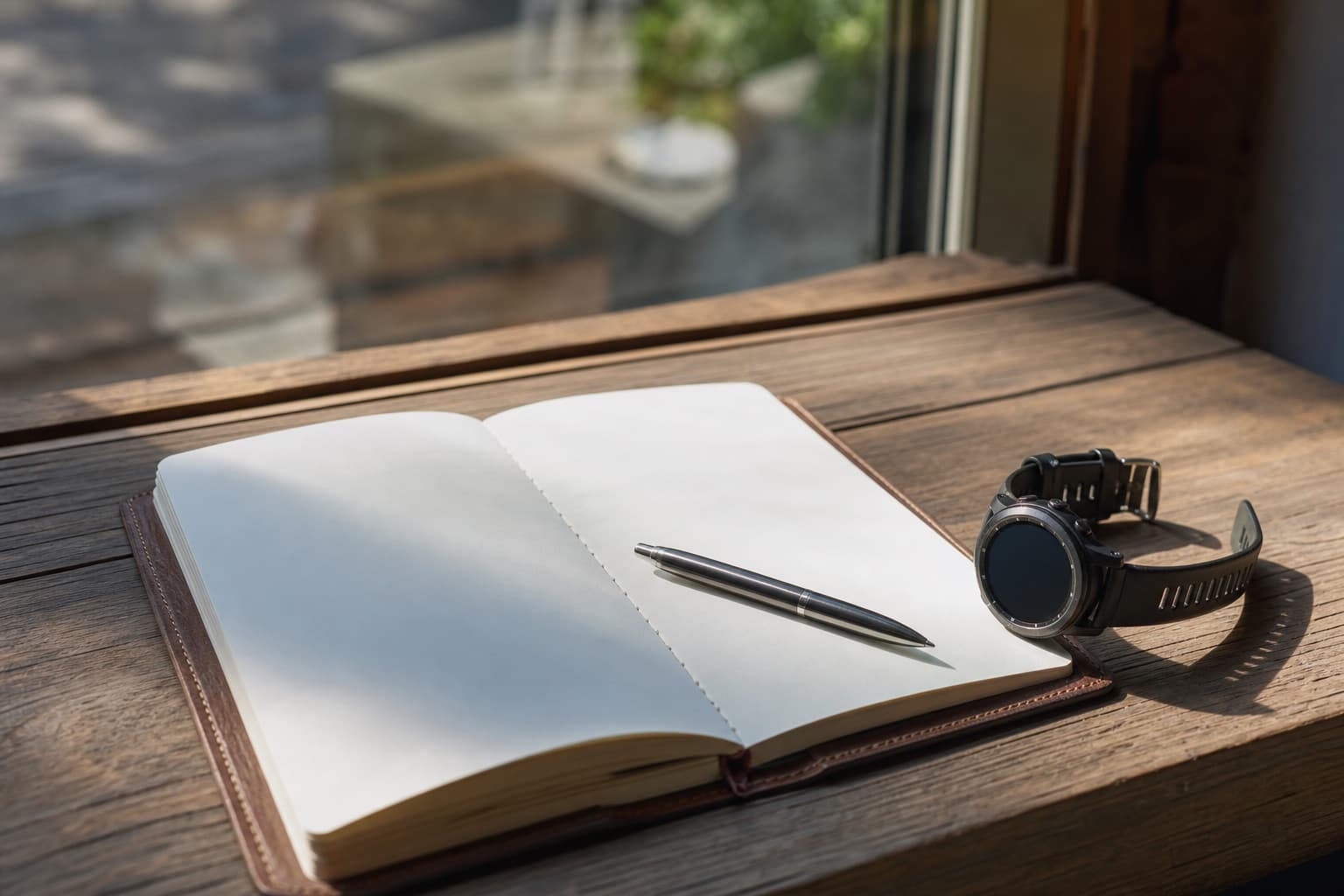 A running log notebook, pen, and GPS watch on a wooden table.