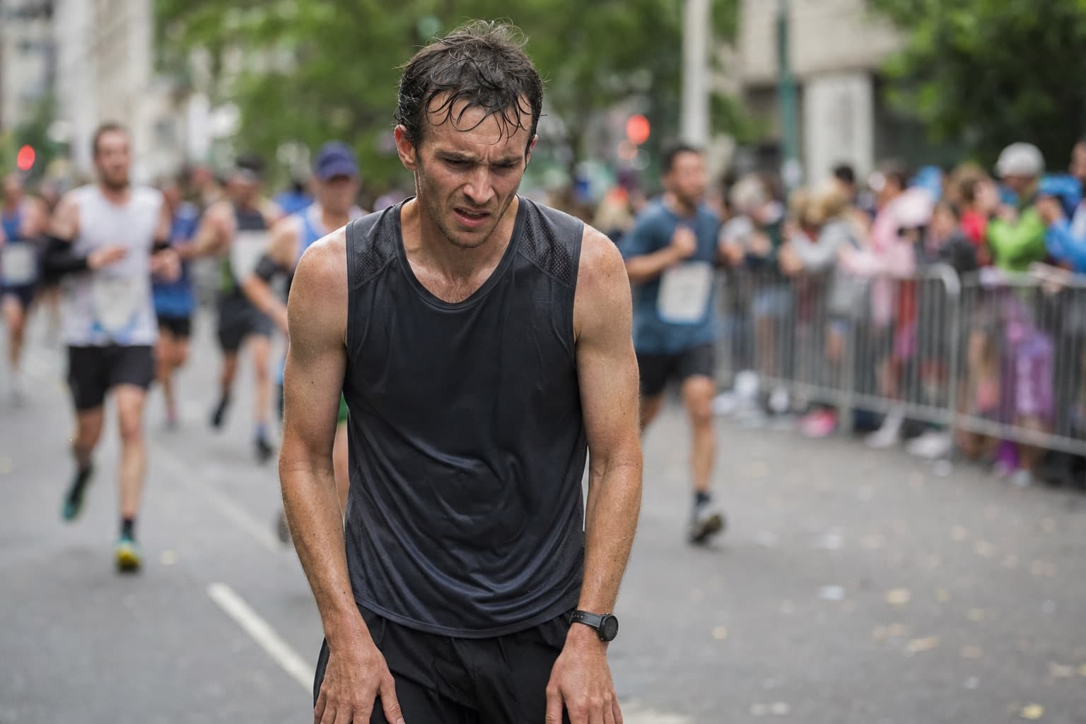 Tired marathon runner slowing and grimacing in the late miles of a city race.