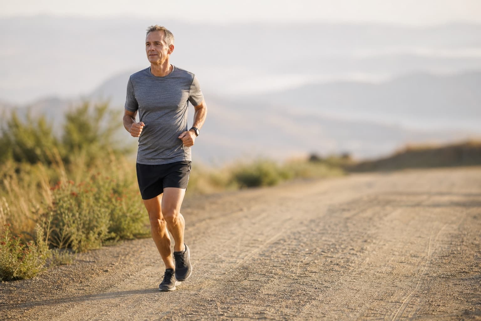 Masters-age runner moving at a relaxed, easy aerobic pace outdoors.