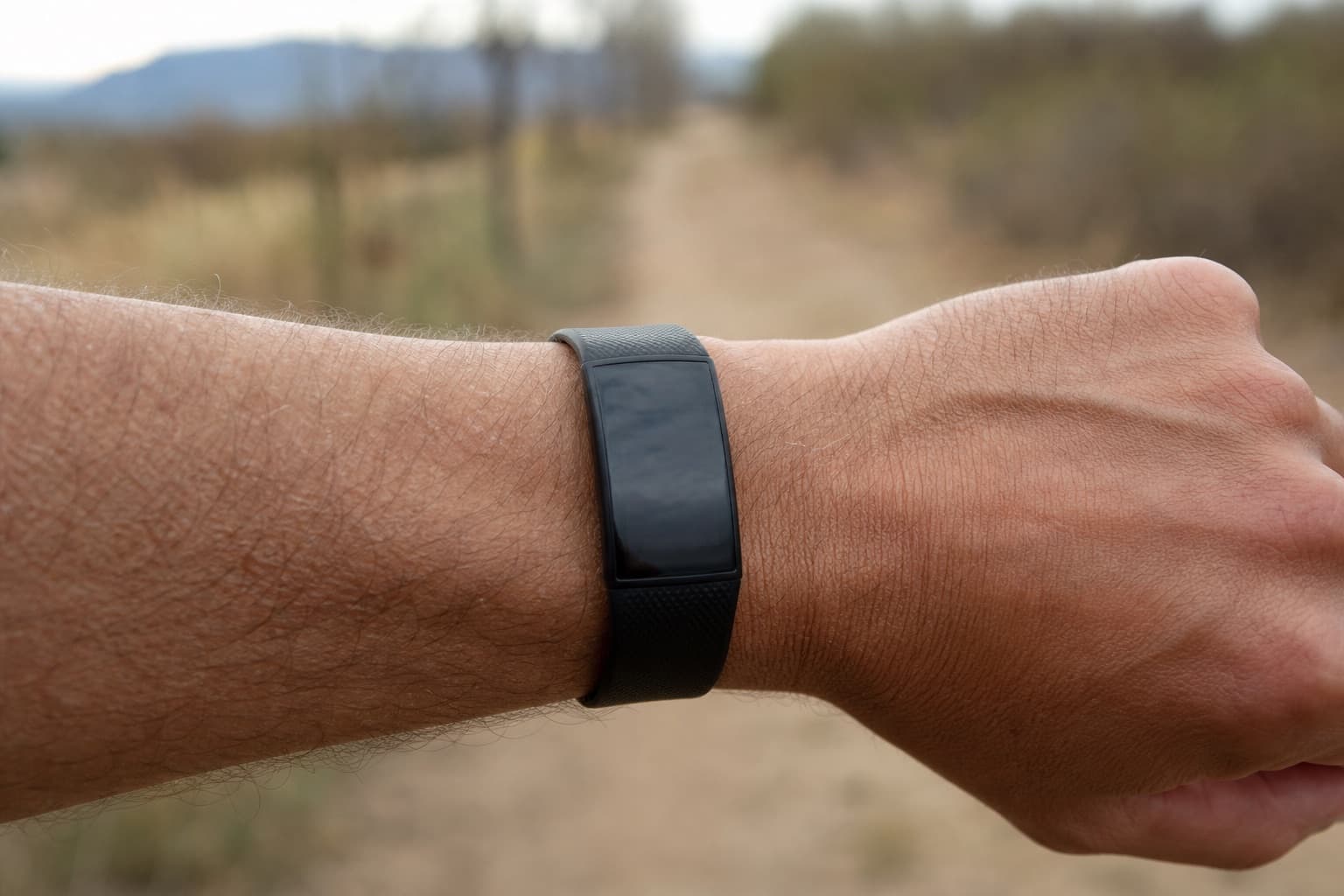 Close-up of a wrist heart rate monitor worn by a mature runner outdoors.