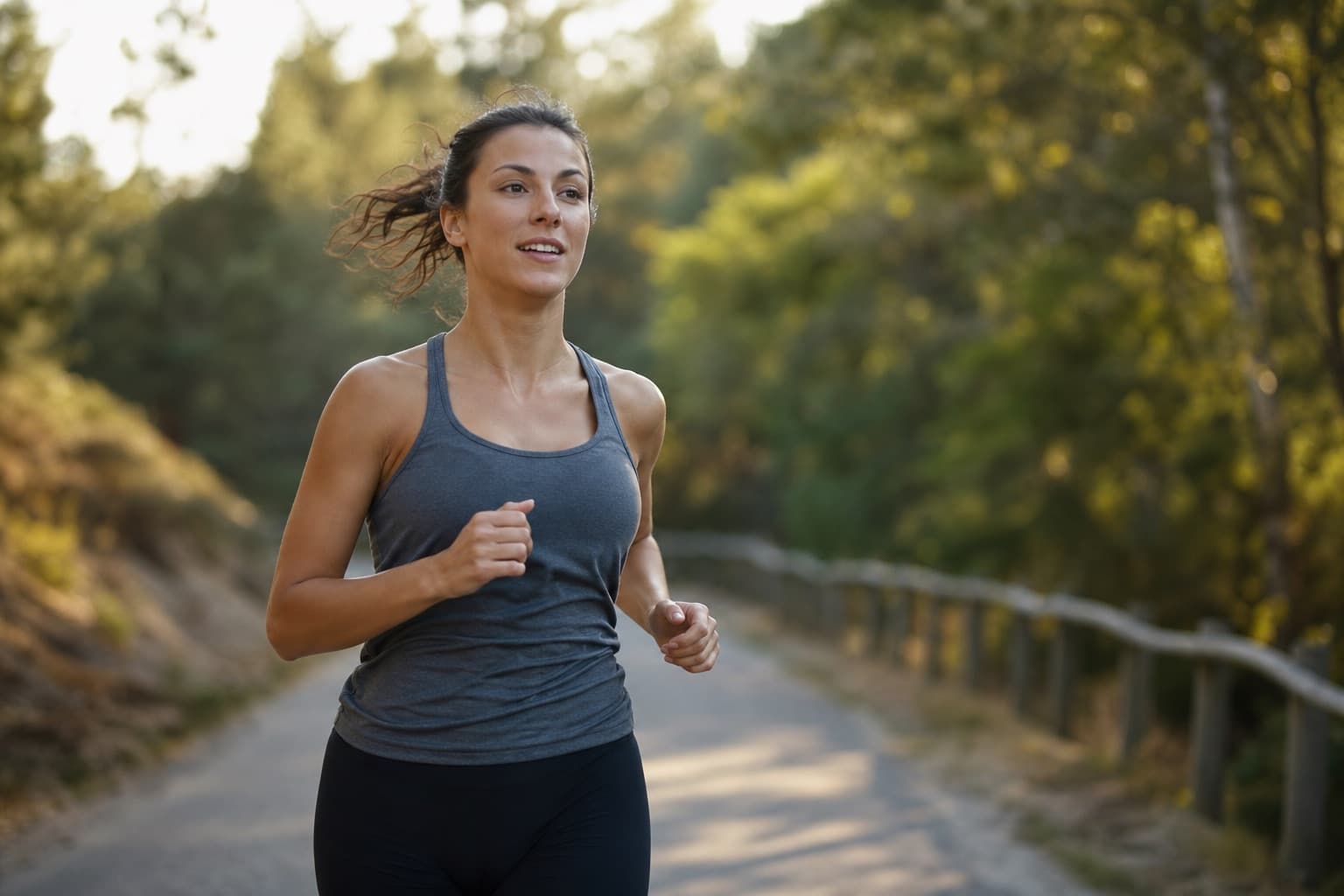 Runner moving at a relaxed, conversational pace on a quiet morning trail.