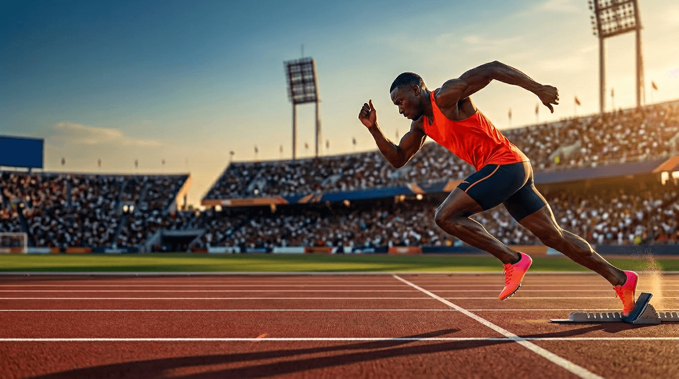 Two elite sprinters at full stride on a red outdoor track