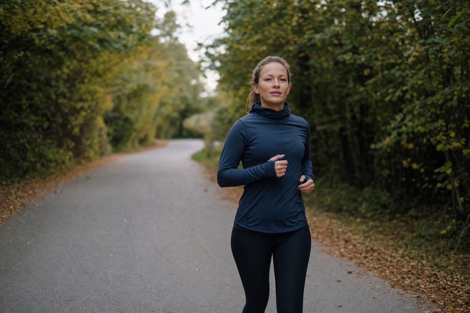 Runner on a relaxed, easy-paced run along a quiet country road.