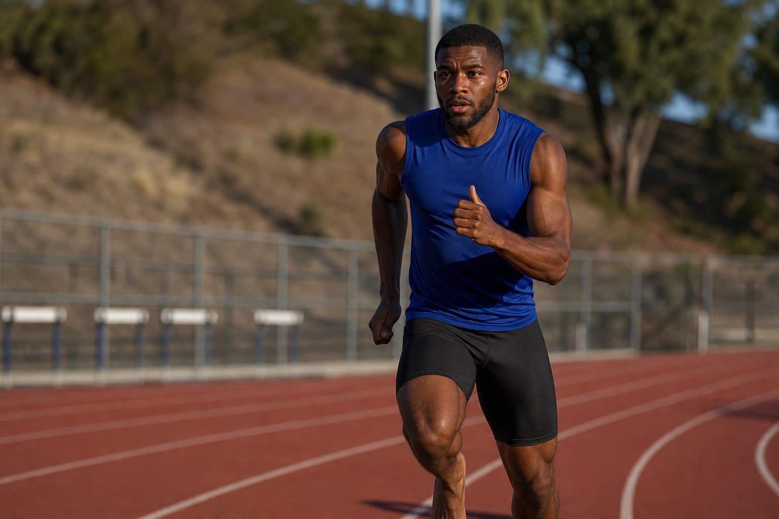 Runner driving through a fast, focused interval on an outdoor track.