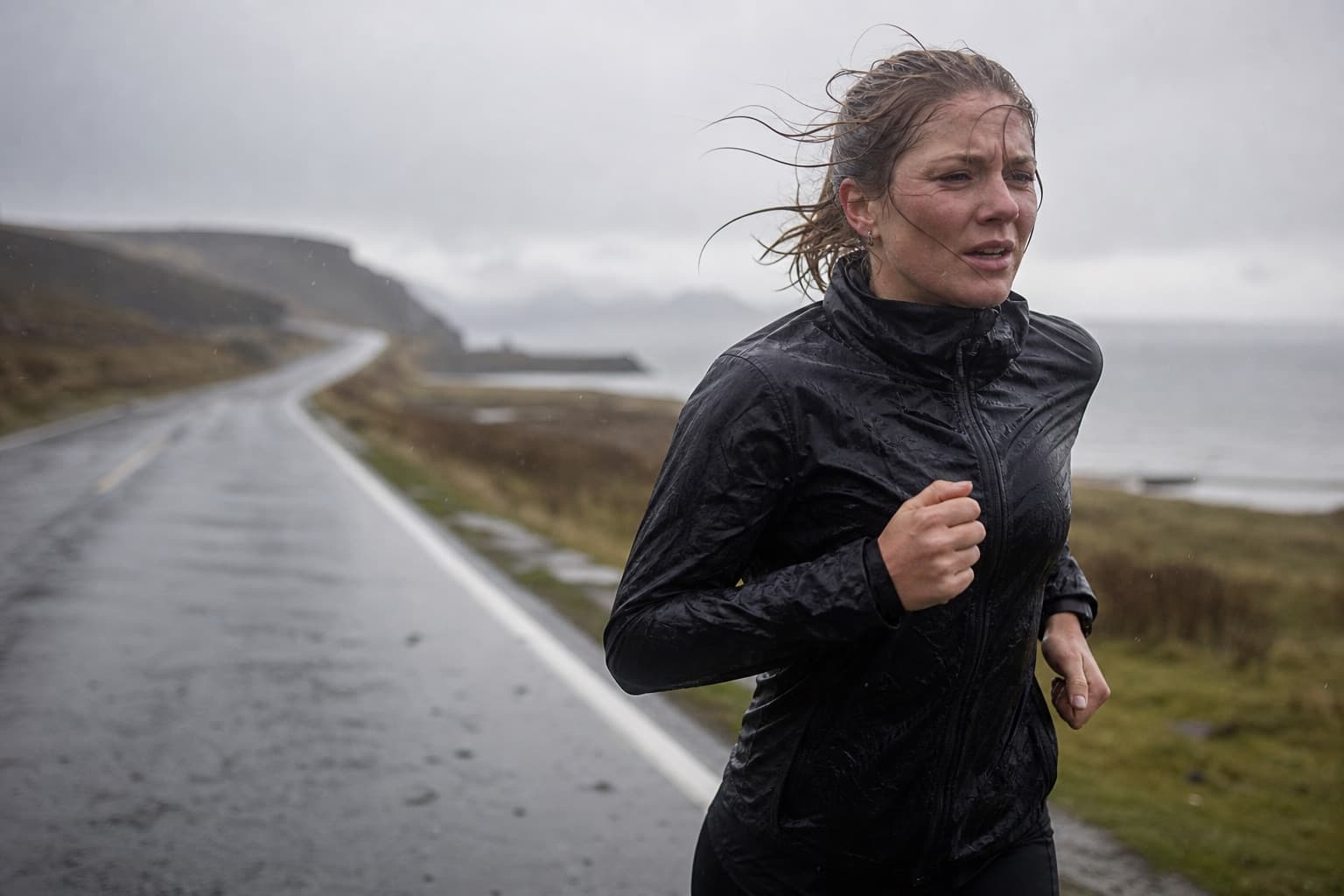 Runner pushing through wind and rain on an exposed coastal road.