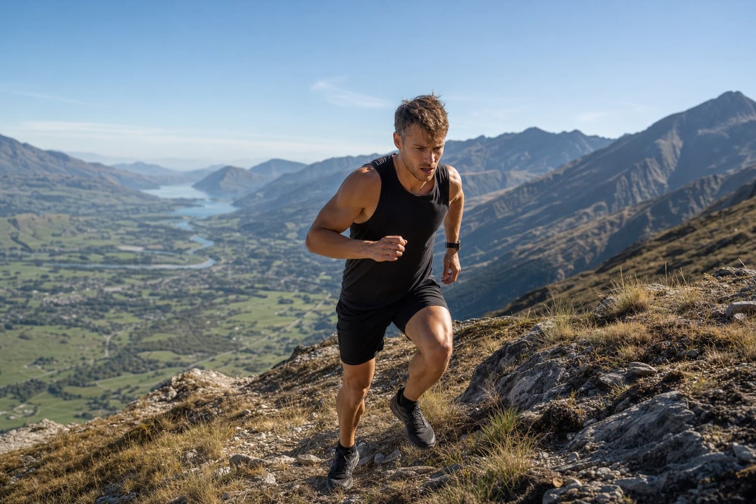 Runner powering up a steep hill on a bright, clear day.