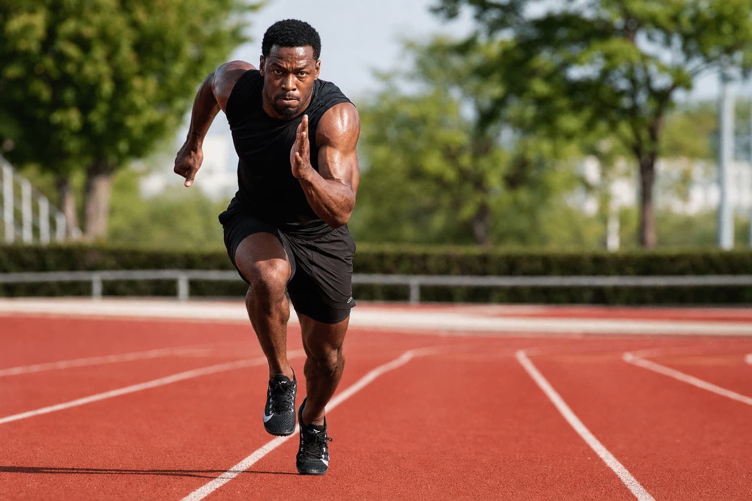 Runner accelerating through a short, fast interval on an outdoor track.