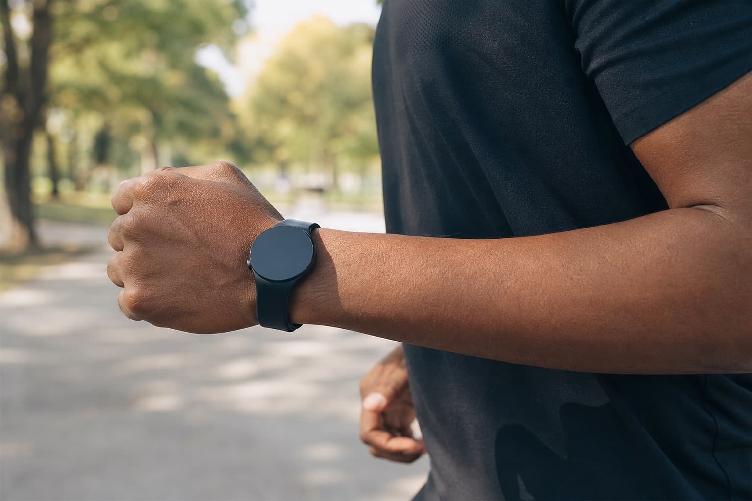 Close-up of a runner's wrist-worn smartwatch during a running stride outdoors.