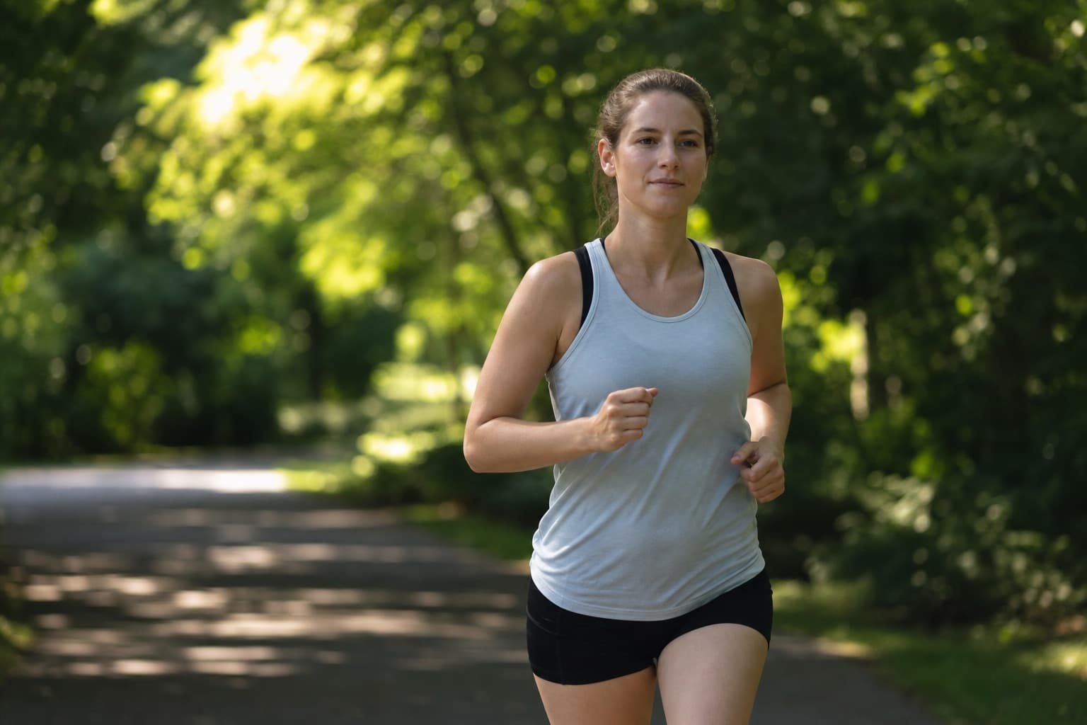 Runner on a relaxed recovery jog along a shaded park path.