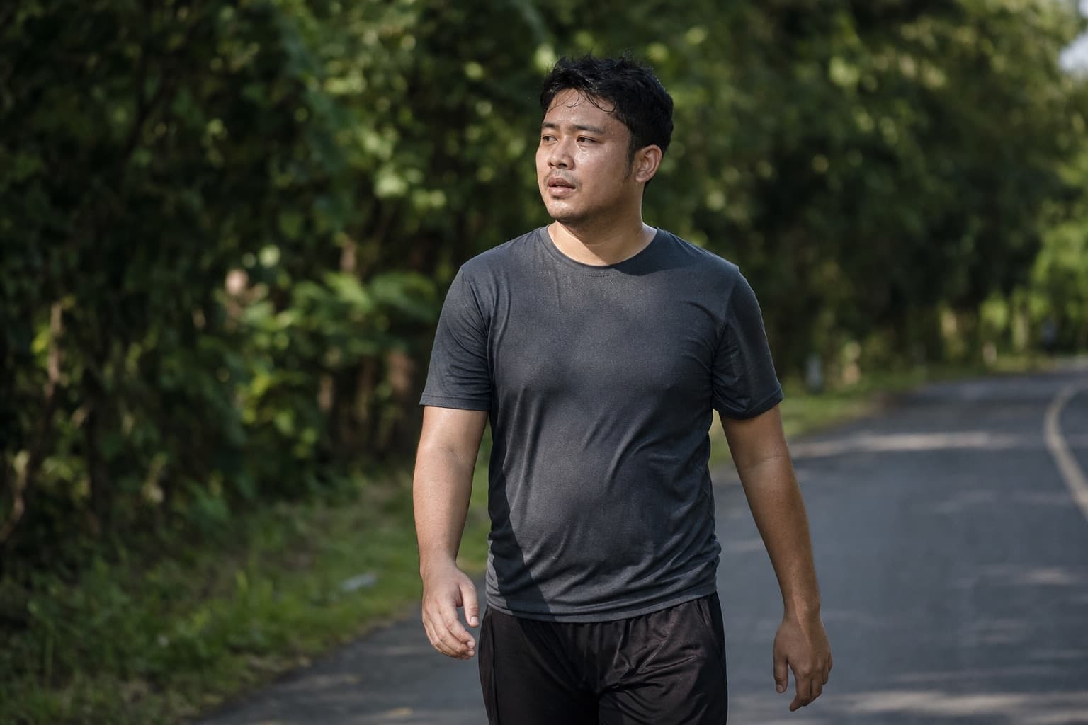Beginner runner taking a planned walk break during a long training run.