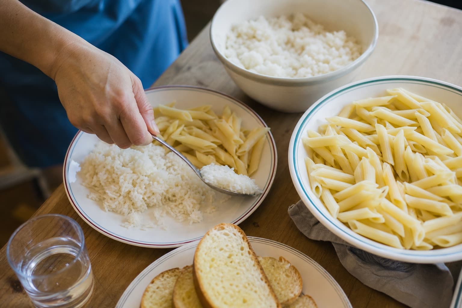 Overhead view of a carb-loading meal with rice, pasta, and bread.