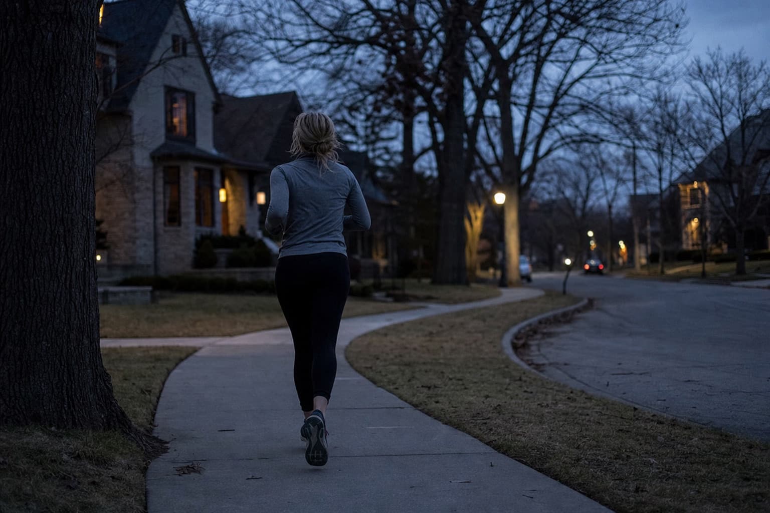 Runner heading out for a routine daily run on a residential street at dawn.