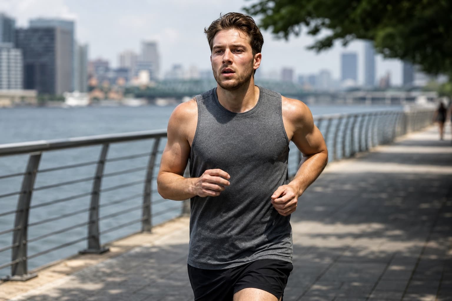 Runner holding a firm, sustained tempo effort on a paved path.