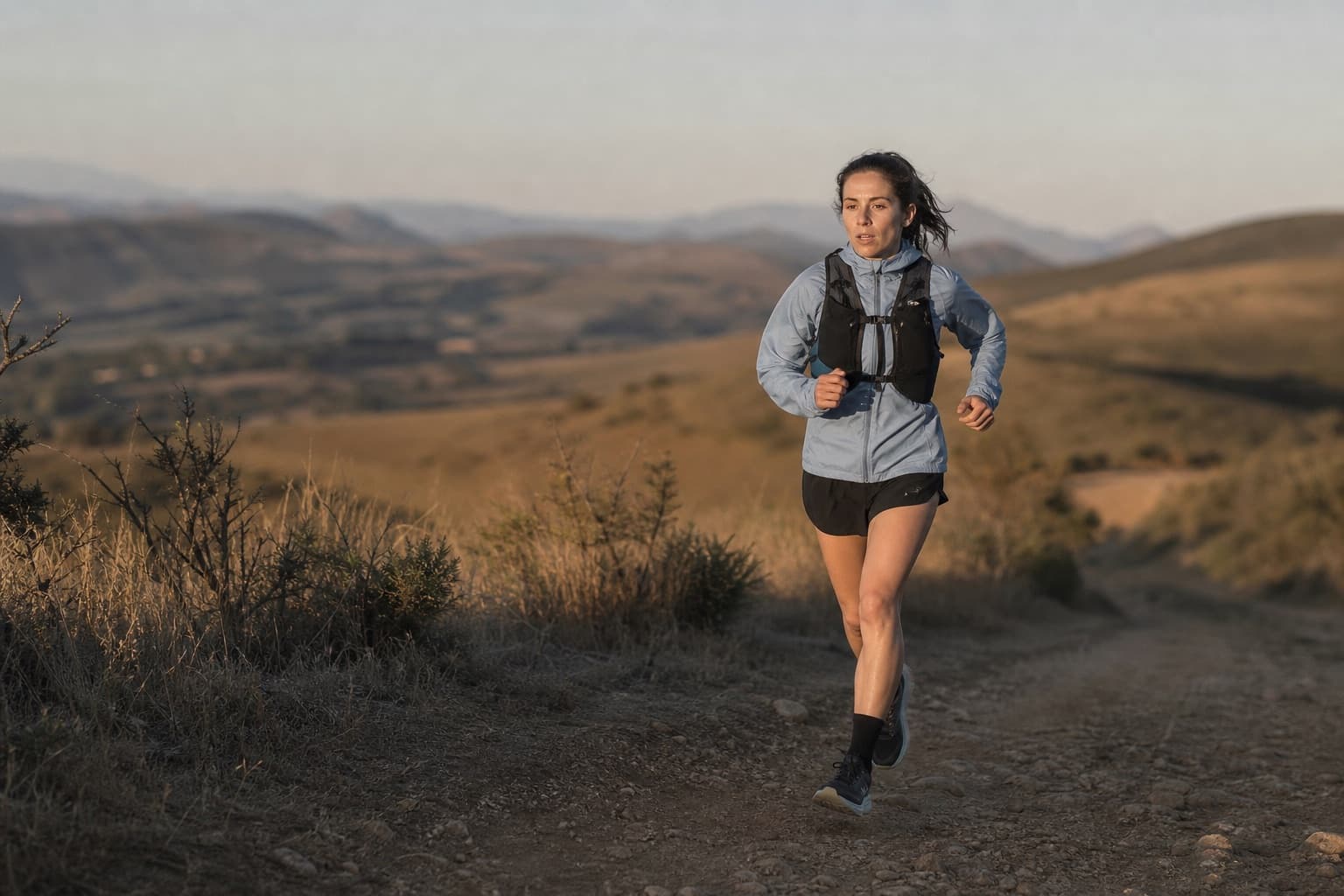 Runner on a long endurance run along a scenic trail through open countryside.