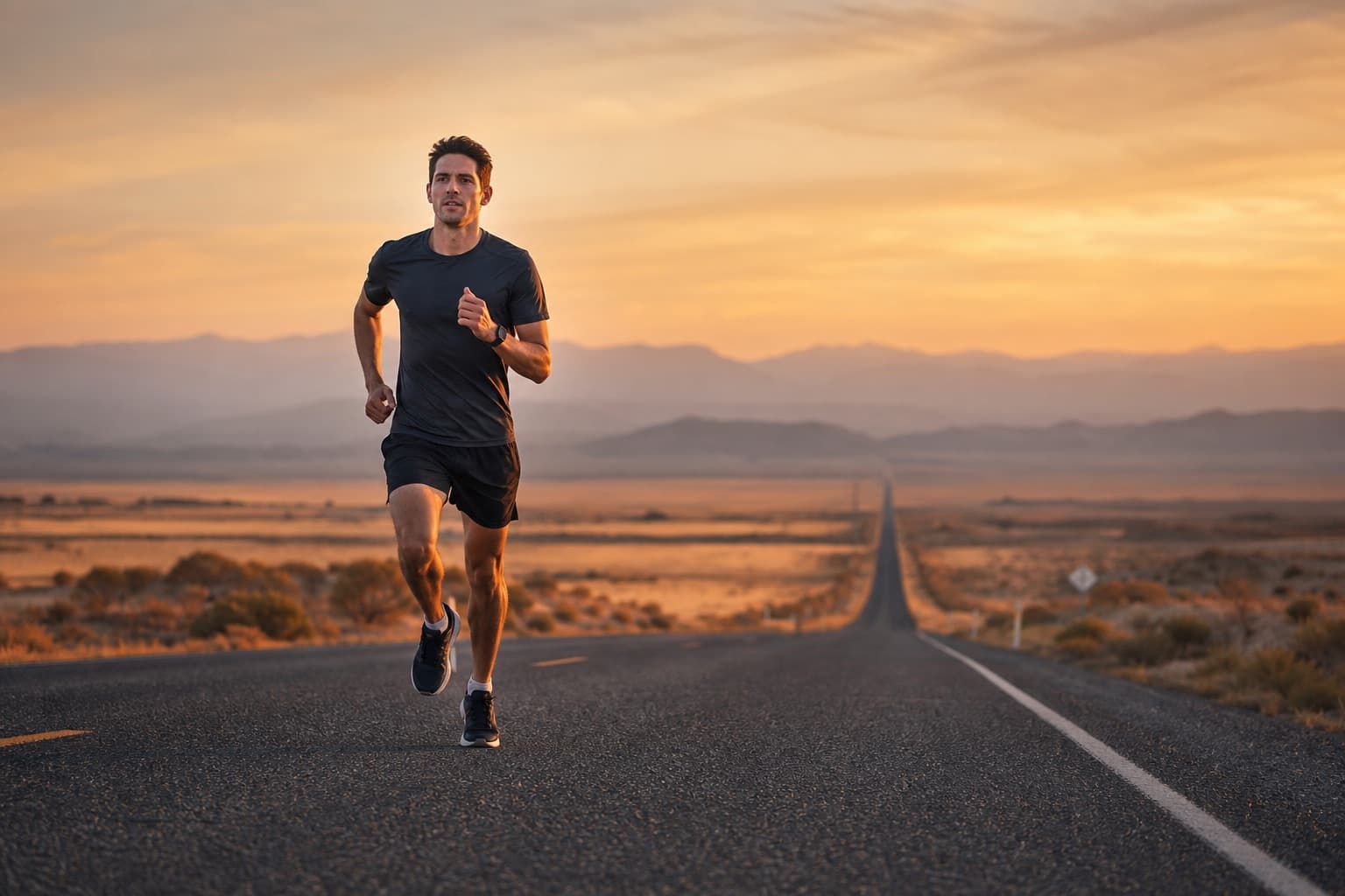 Lone runner on an open road stretching toward the horizon at golden hour.