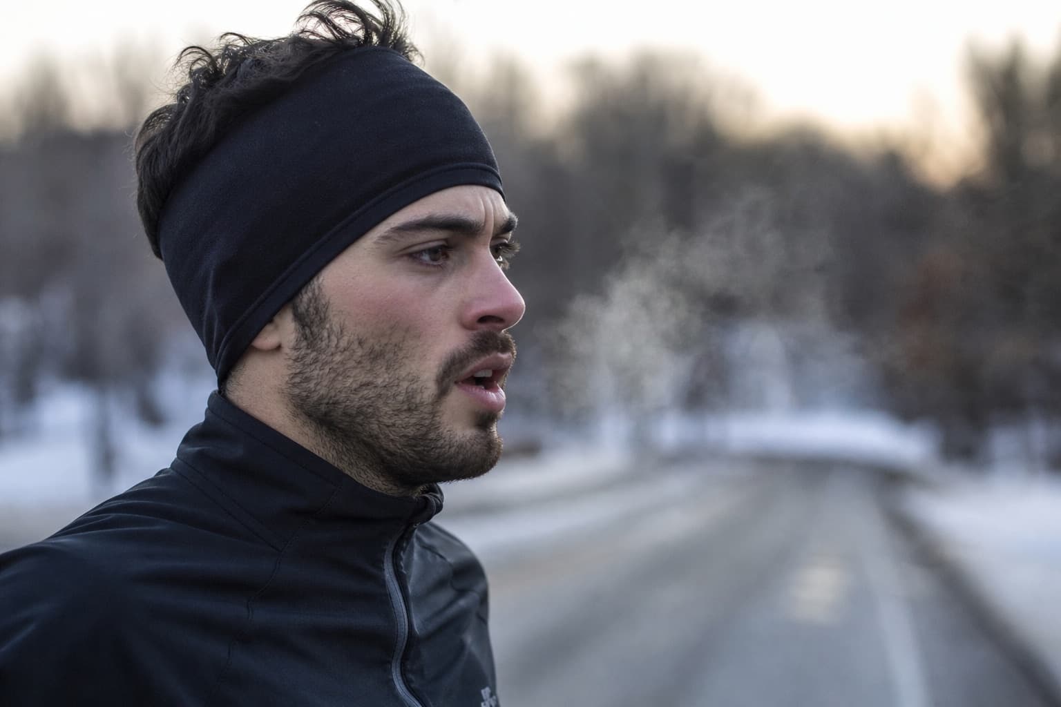 Close-up of a runner's face with breath visible in freezing cold air.