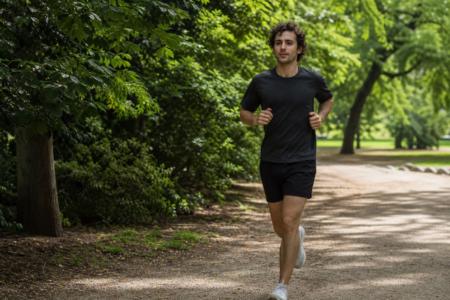 Runner on a very easy, loose recovery jog through a green park.