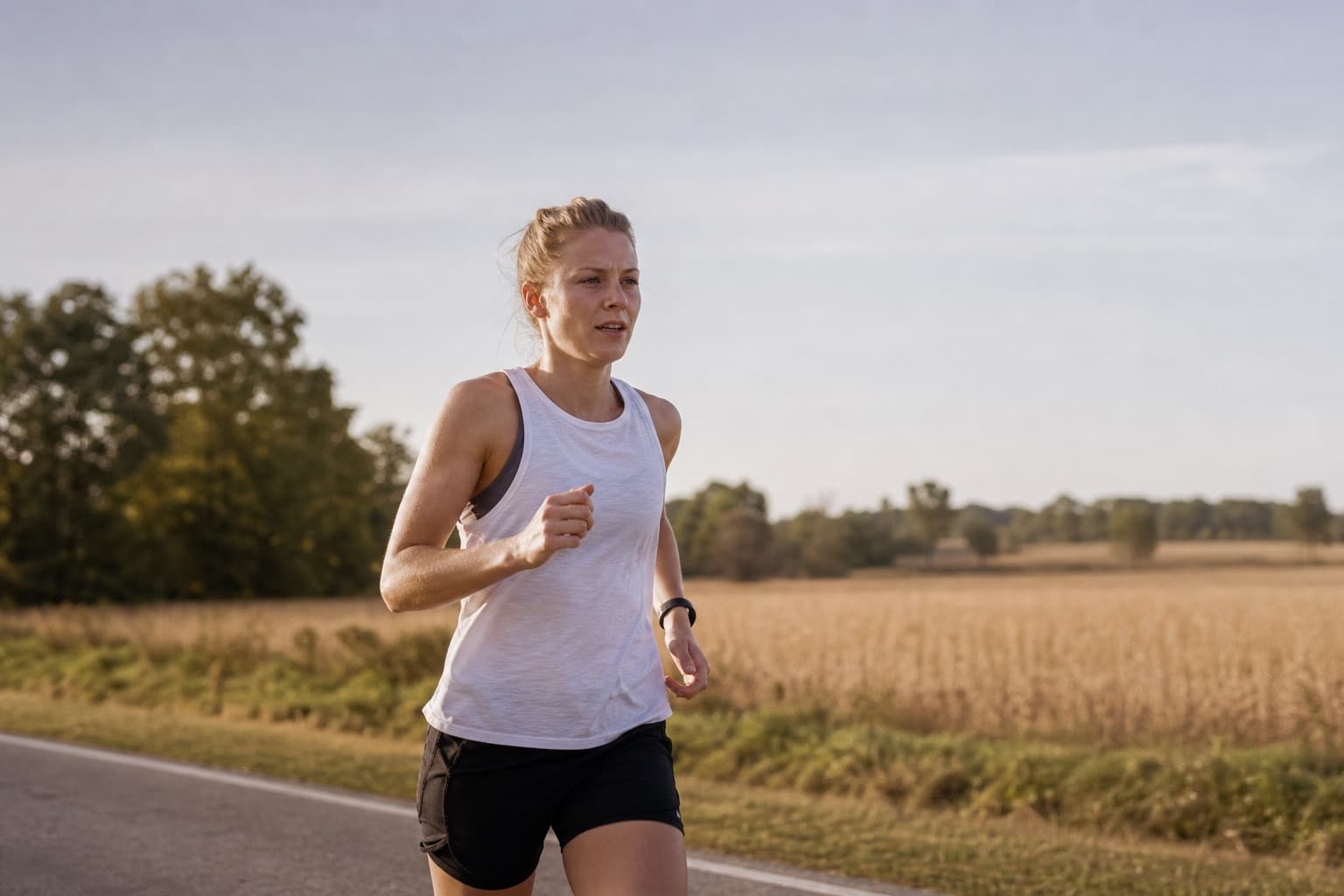 Runner on a relaxed, easy long base run along a quiet rural road.