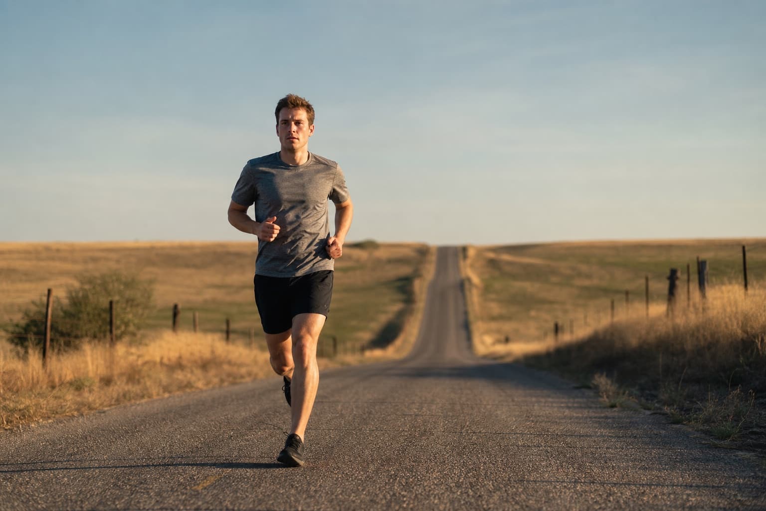 Runner on a long solo endurance run on a country road stretching into the distance.