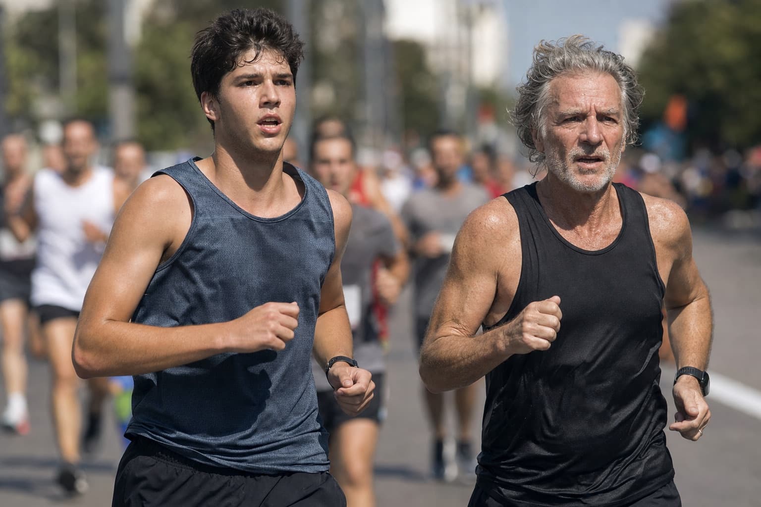 A young runner and an older masters runner running side by side.