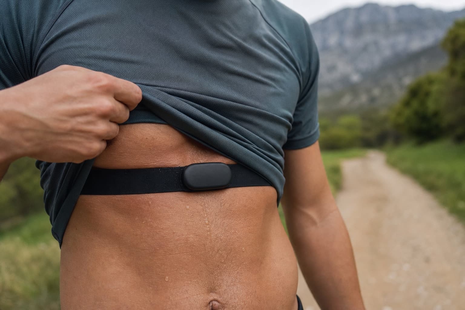 Close-up of a chest-strap heart rate monitor worn by a real runner outdoors.