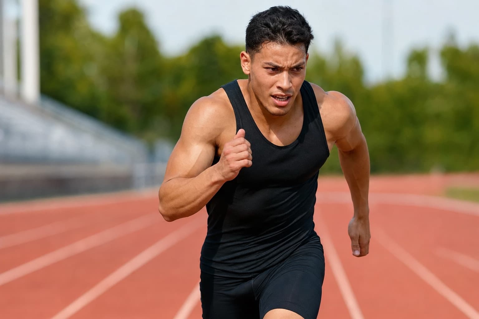 Runner pushing a hard, controlled effort on a track during training.