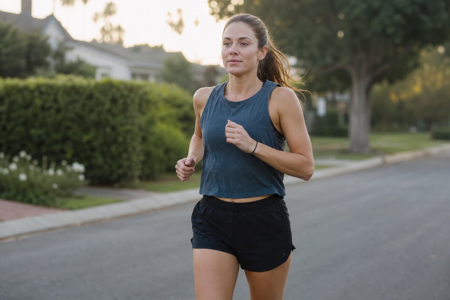 New runner on an easy morning jog through a quiet neighborhood.