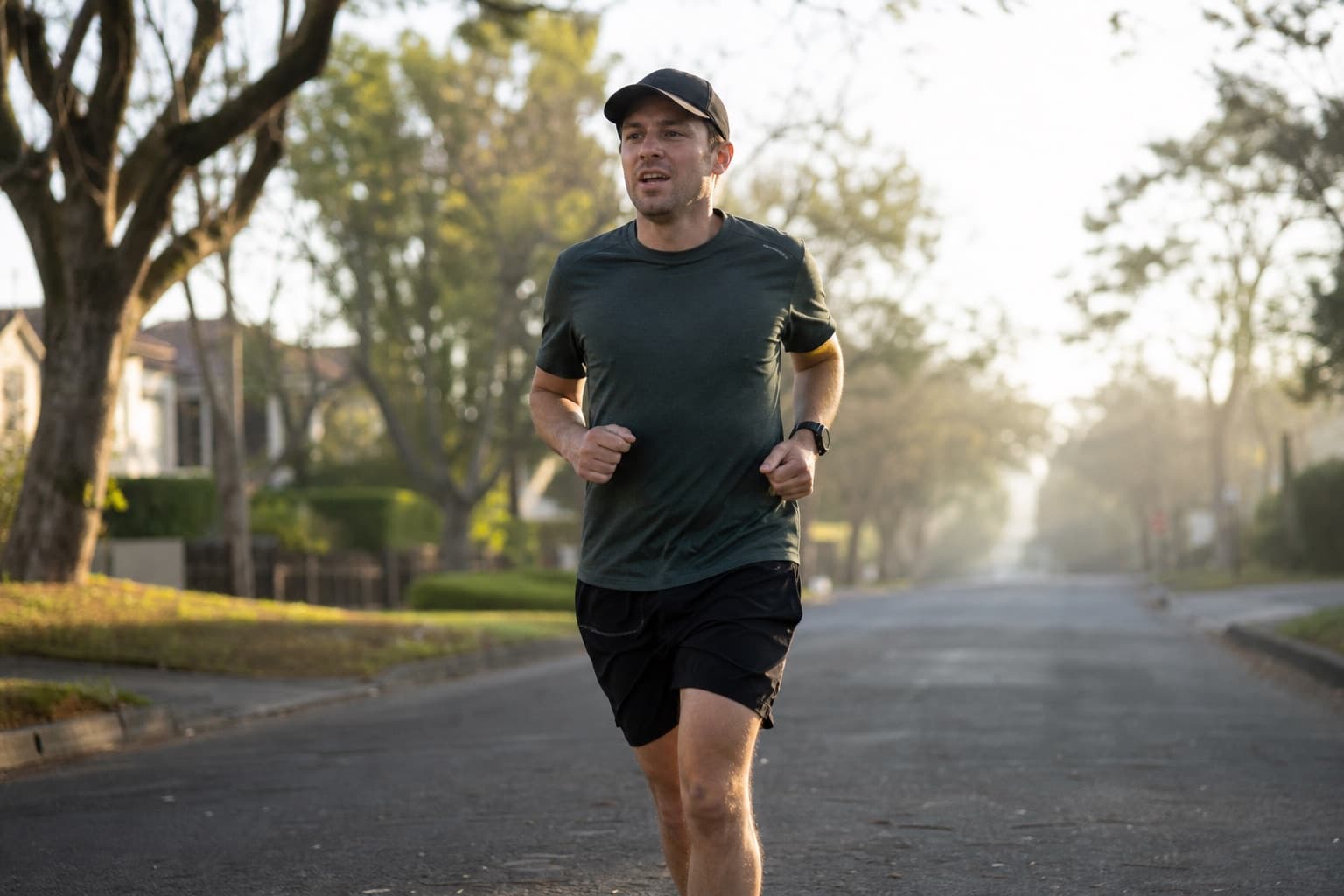 Runner on an easy base-building run down a tree-lined suburban street.
