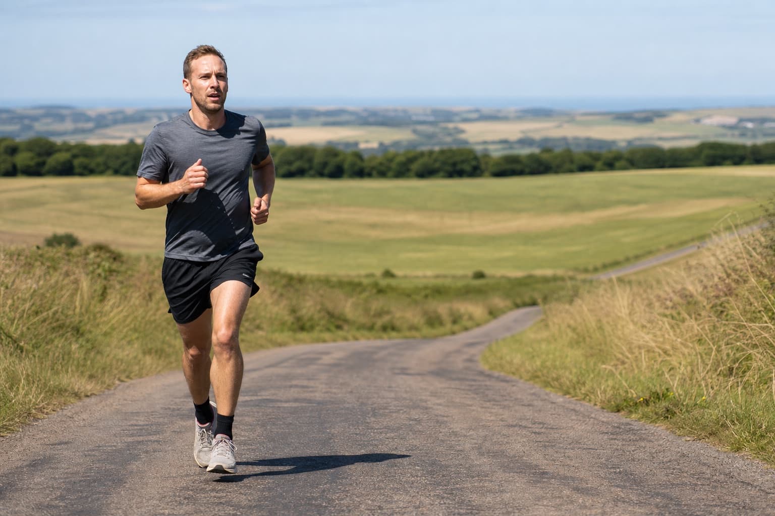 Runner steadily climbing a gentle hill road, building effort.