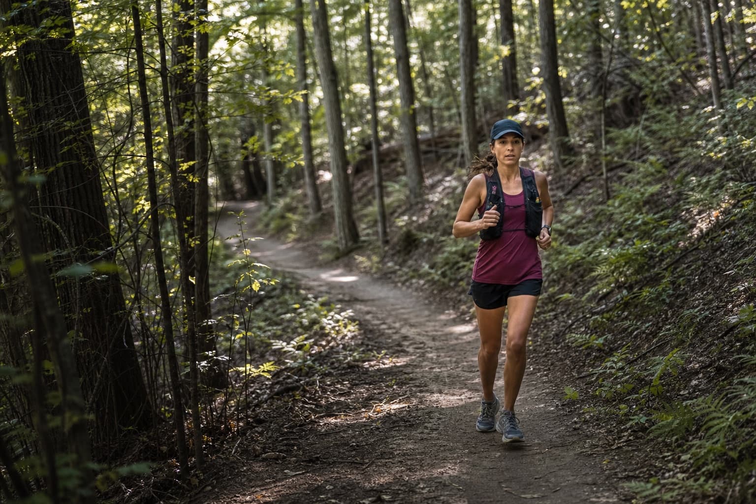 Runner on a long endurance run along a woodland trail with dappled light.
