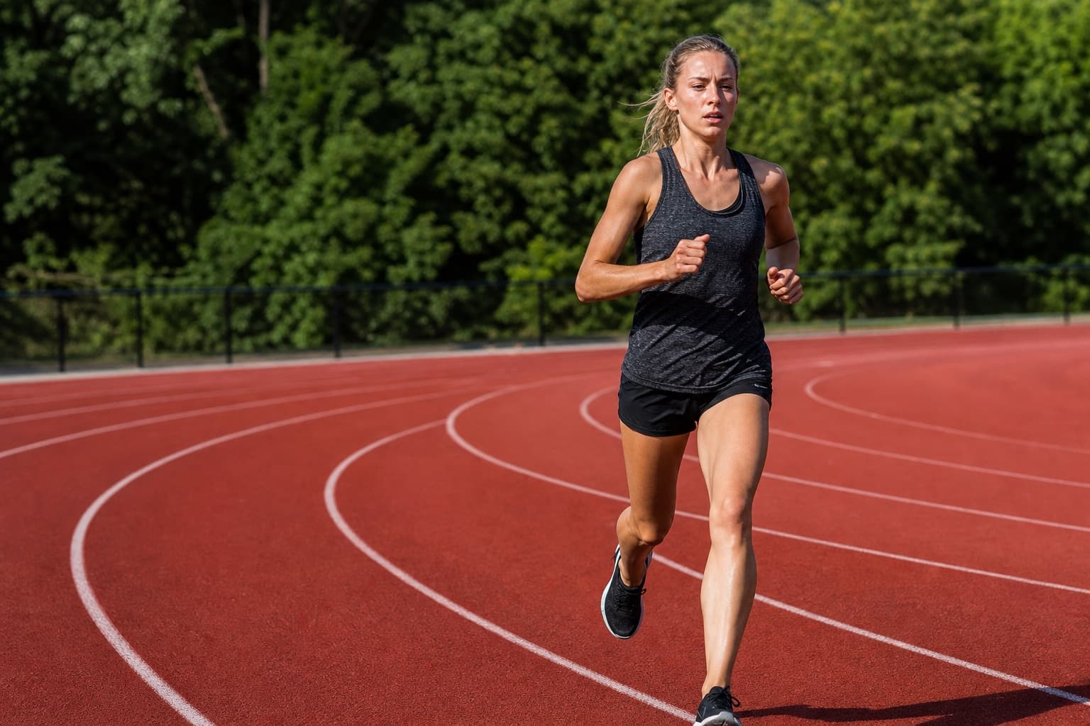Runner working through steady repeats on an outdoor track.