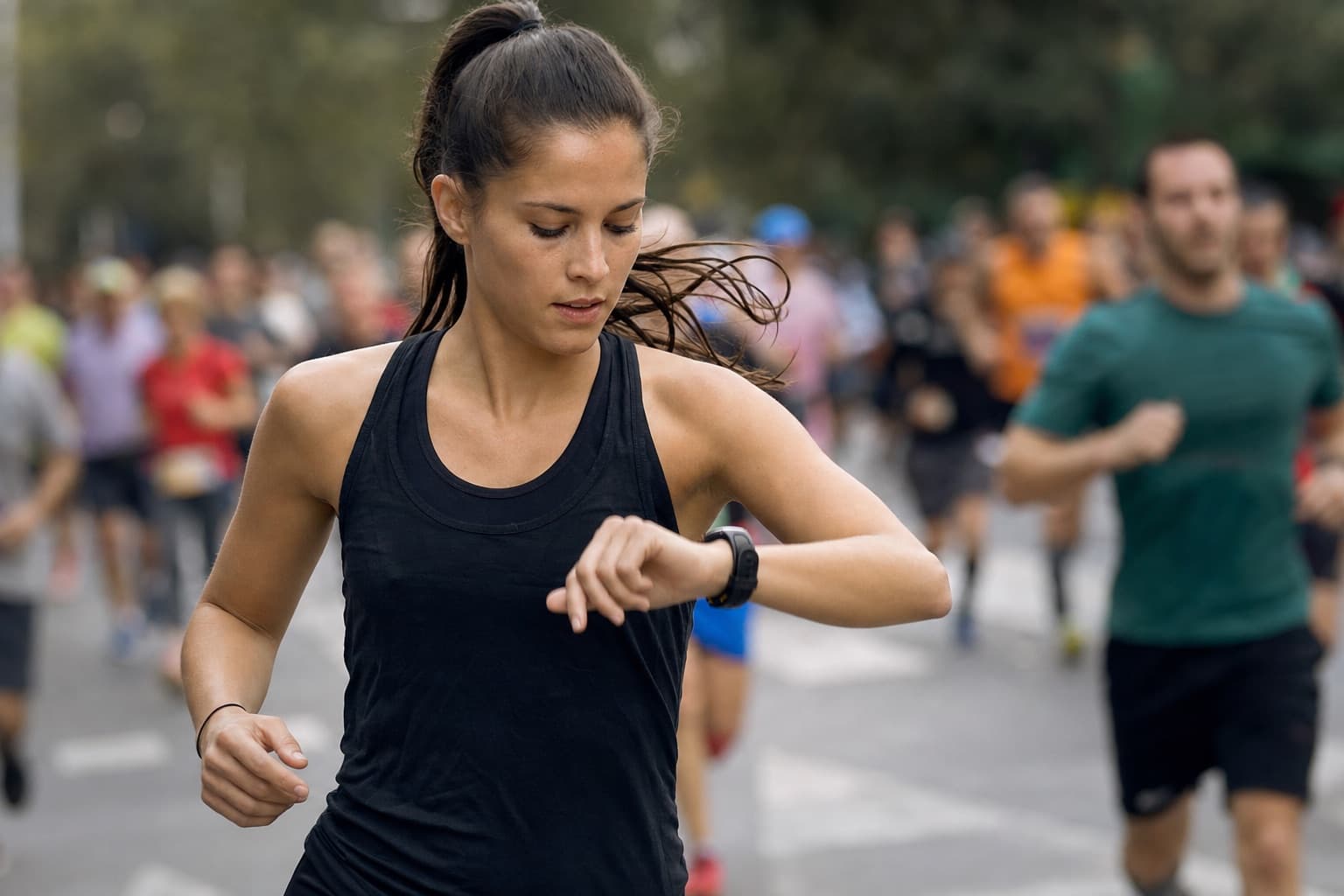 5K runner glancing at a wrist GPS watch during the opening kilometer.