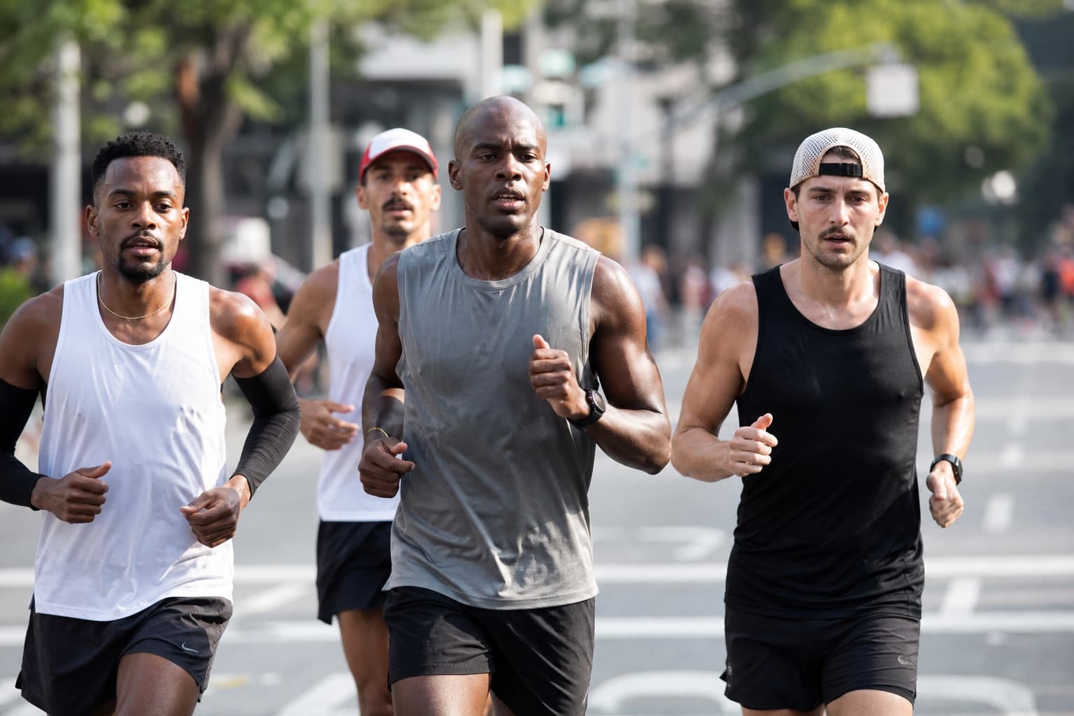 Pack of marathon runners moving together at an even, controlled effort.