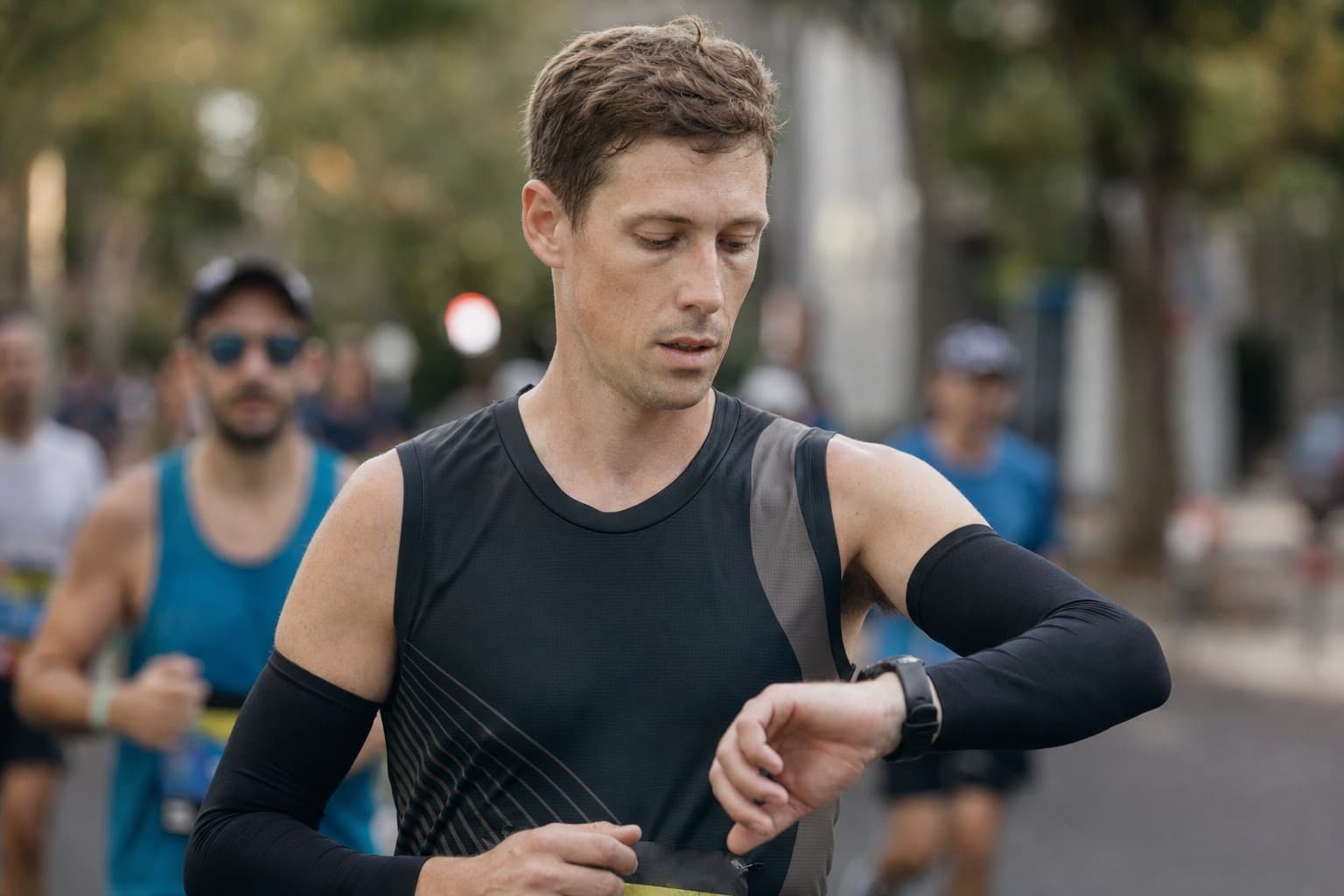 Marathoner checking pace on a GPS watch during the early miles.